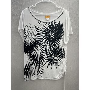 Womens Ruby Rd White Floral Beaded Neckline Ruched Side Short Sleeve Shirt Large